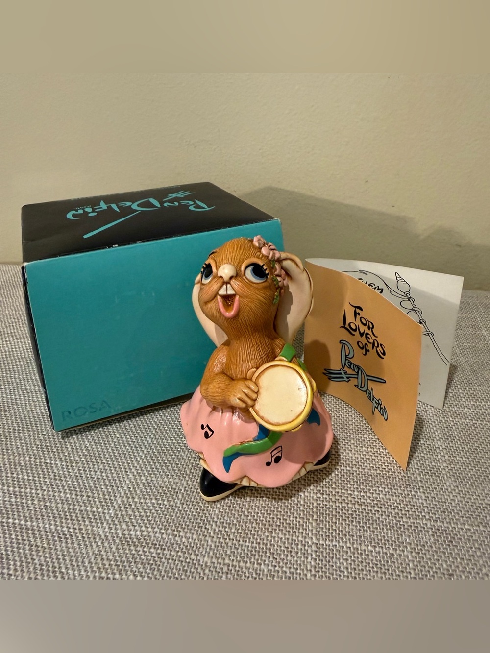 Pendelfin Rabbit Figurine Rosa Pink Dress Tambourine with Box EUC